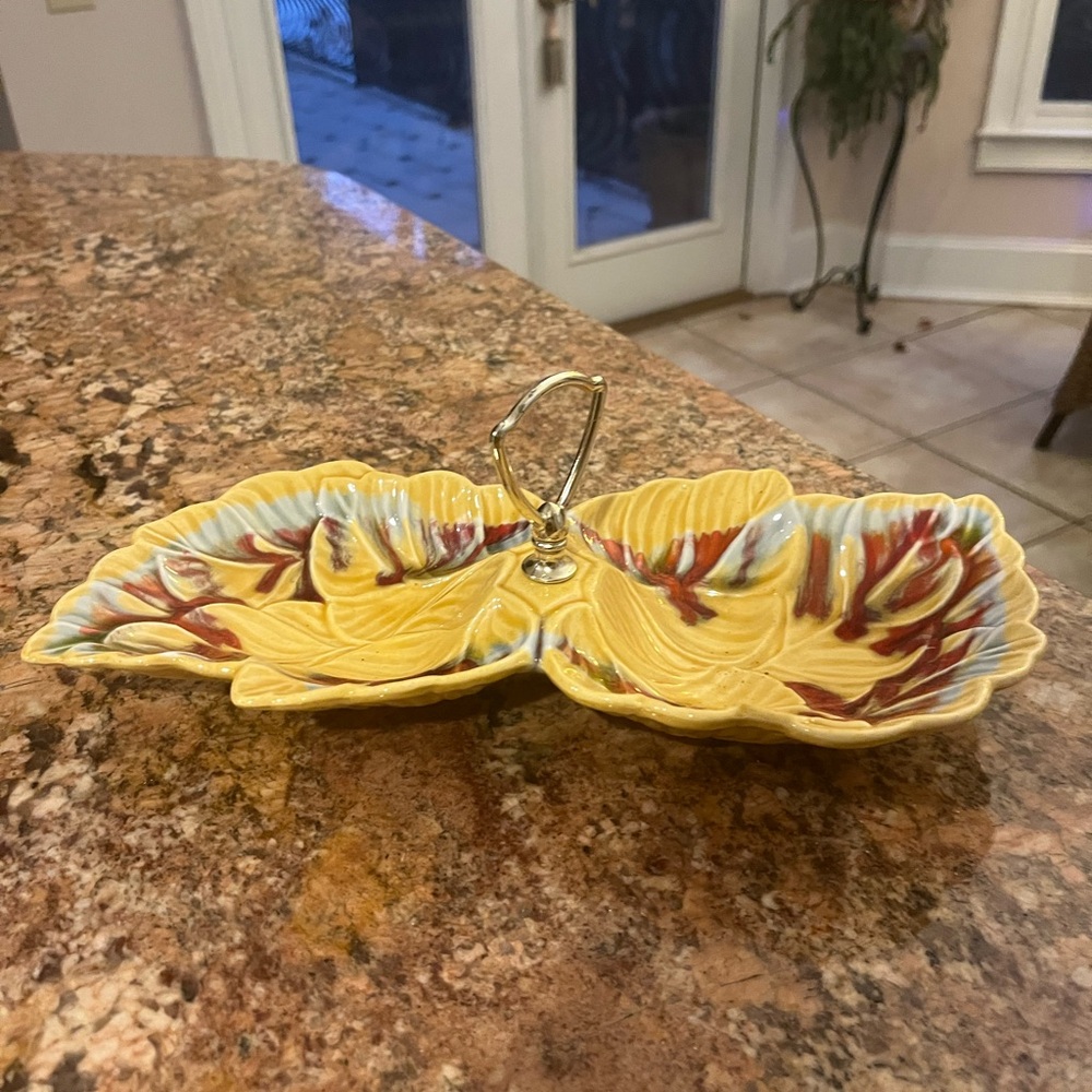 Vintage California Pottery Yellow/Red Leaf-Shaped Ceramic Dish